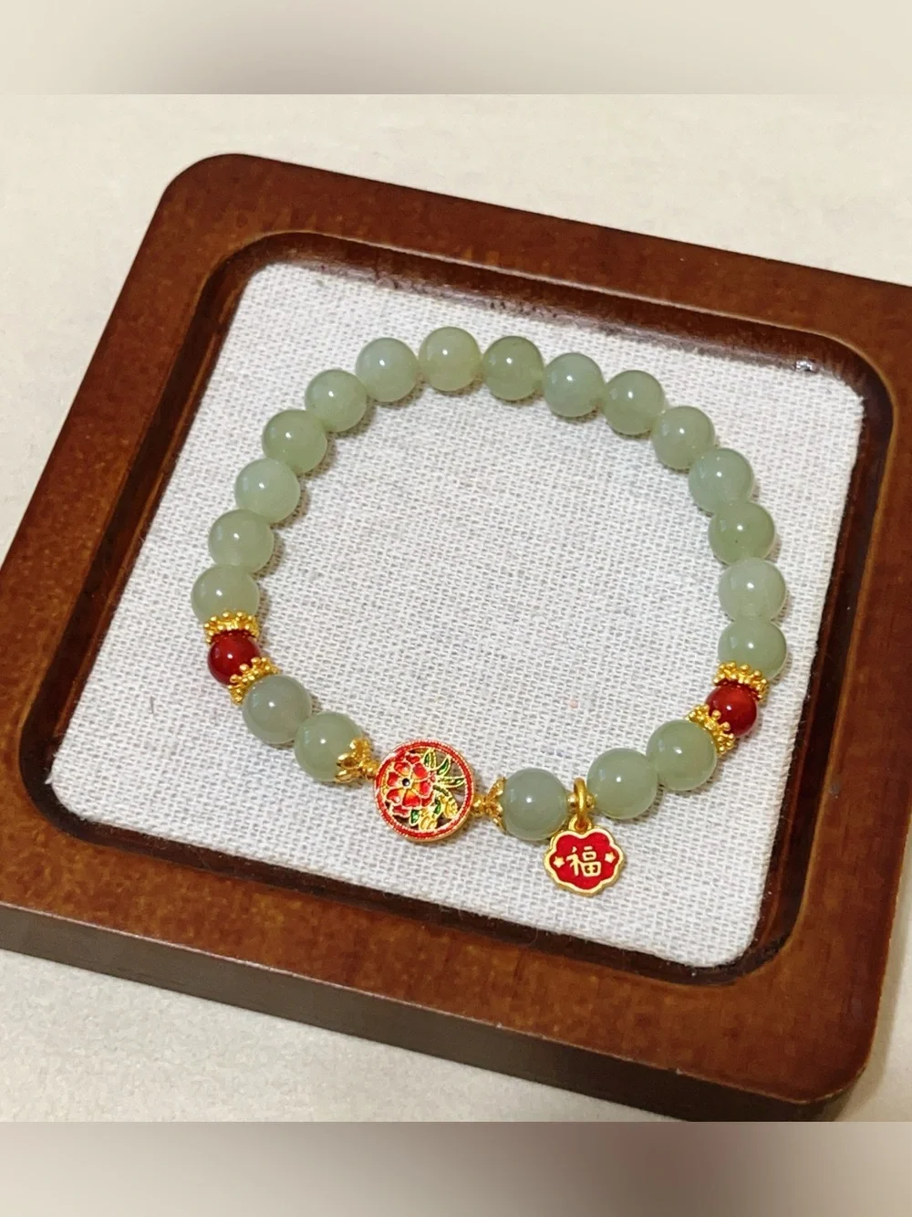 Natural Hetian Jade bead Bracelet with Double-Sided Enamel Flower Charm|Handmade
